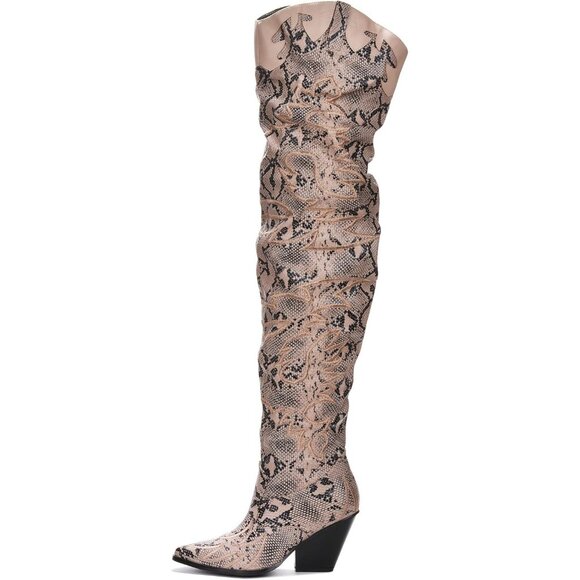 Women Snake Fabric Thigh High Over The Knee Pointed Toe Chunky Heel Fashion Boot - Picture 2 of 6